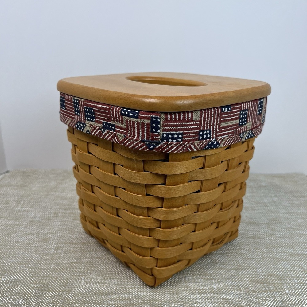 Longaberger Woodcrafts 1988 Tissue Basket Lid Kleenex Box Glory Flag Liner